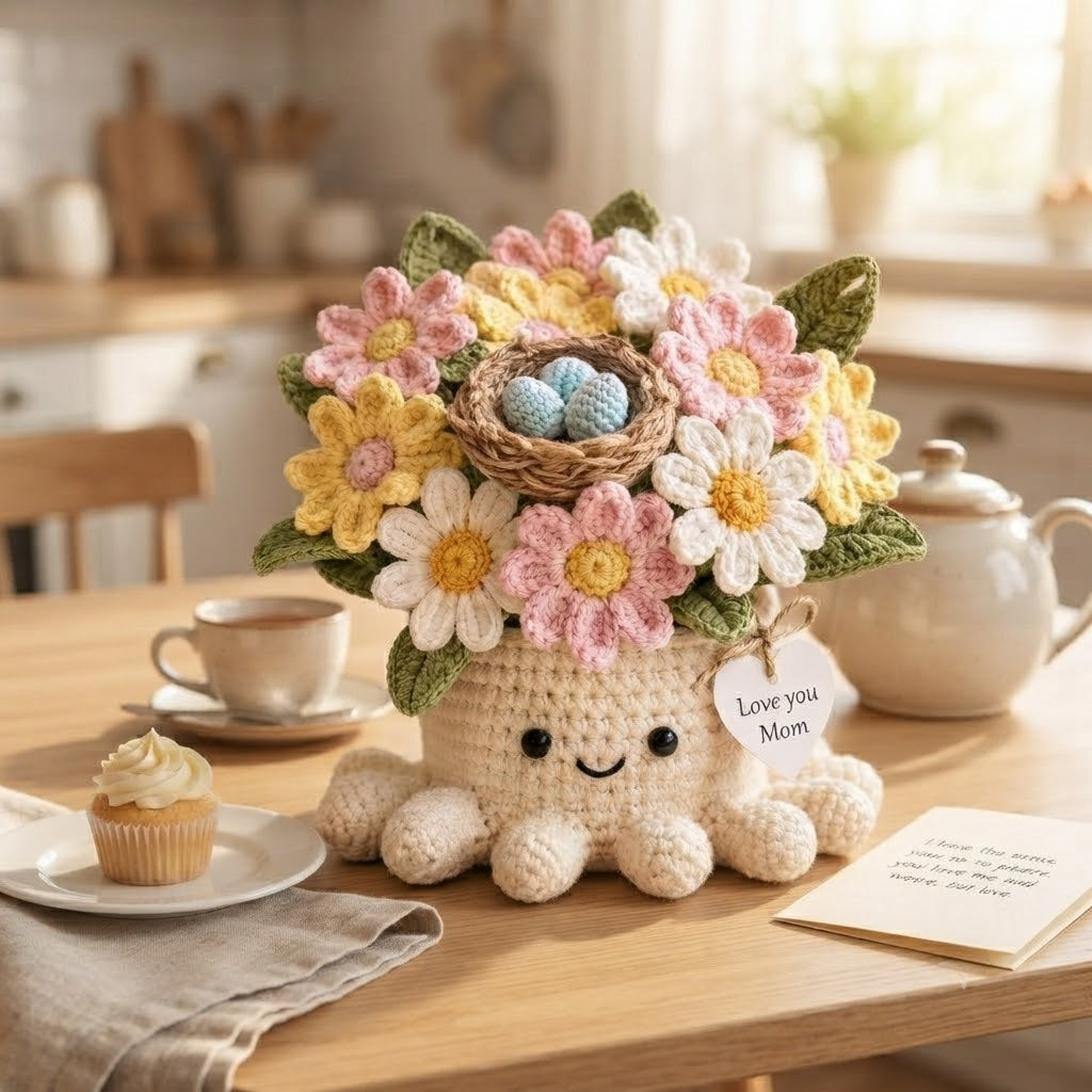 Handmade Crochet Bird Nest & Daisy Octopus Pot | Cute Amigurumi Gift for Mom