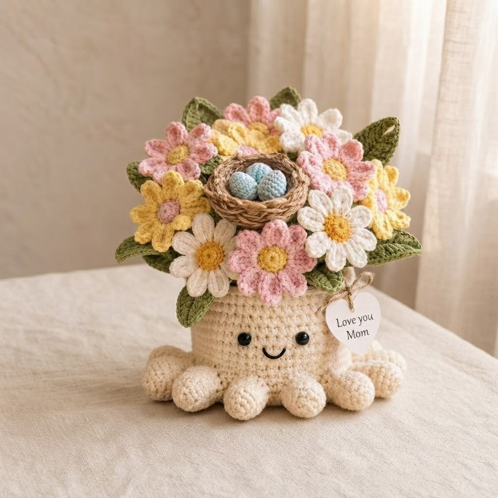 Handmade Crochet Bird Nest & Daisy Octopus Pot | Cute Amigurumi Gift for Mom