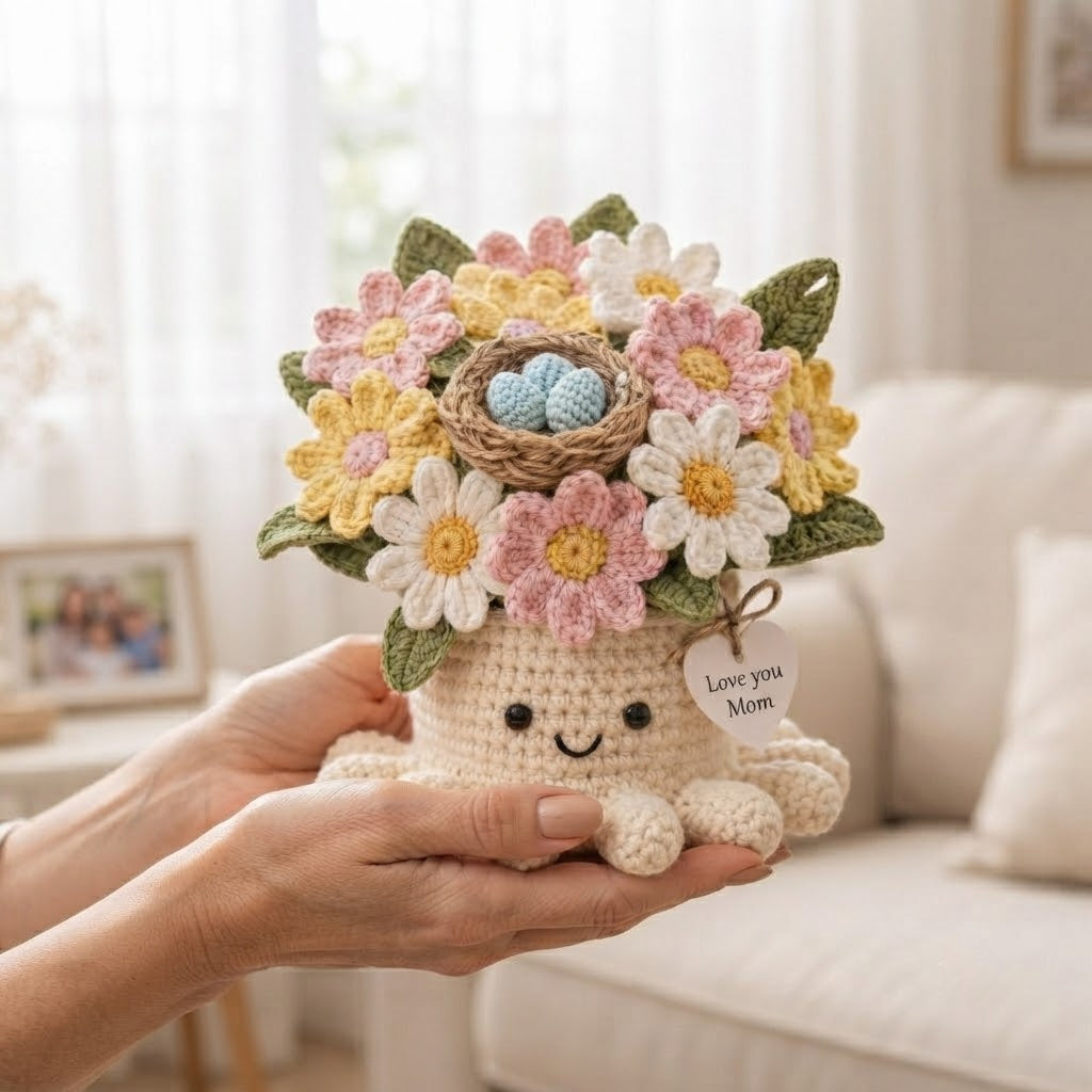 Handmade Crochet Bird Nest & Daisy Octopus Pot | Cute Amigurumi Gift for Mom
