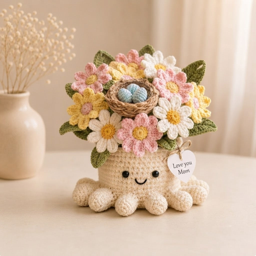 Handmade Crochet Bird Nest & Daisy Octopus Pot | Cute Amigurumi Gift for Mom