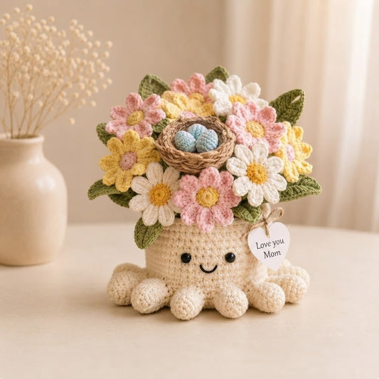 Handmade Crochet Bird Nest & Daisy Octopus Pot | Cute Amigurumi Gift for Mom
