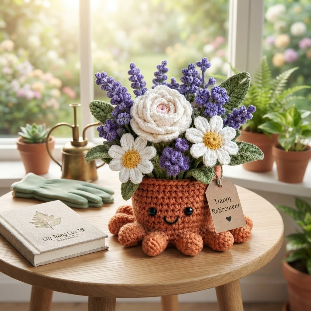 Handmade Crochet Lavender & Rose Octopus Pot | Cute Amigurumi Retirement Gift