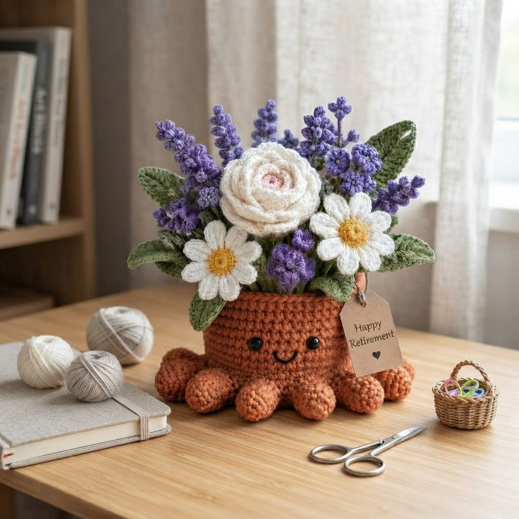 Handmade Crochet Lavender & Rose Octopus Pot | Cute Amigurumi Retirement Gift