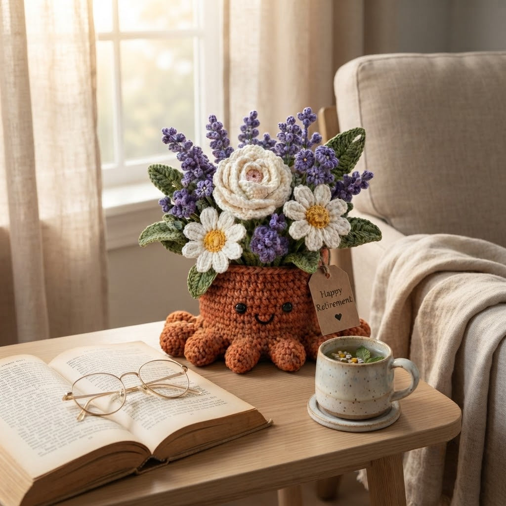 Handmade Crochet Lavender & Rose Octopus Pot | Cute Amigurumi Retirement Gift