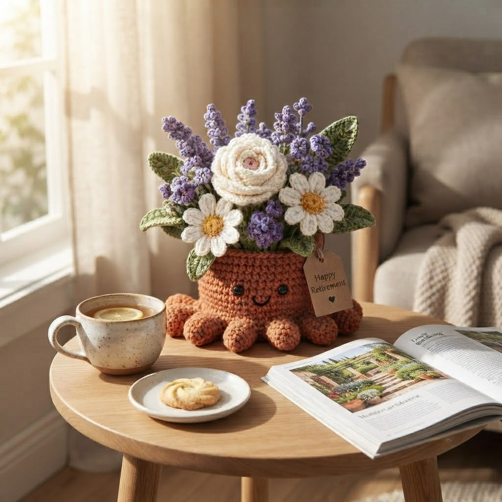 Handmade Crochet Lavender & Rose Octopus Pot | Cute Amigurumi Retirement Gift