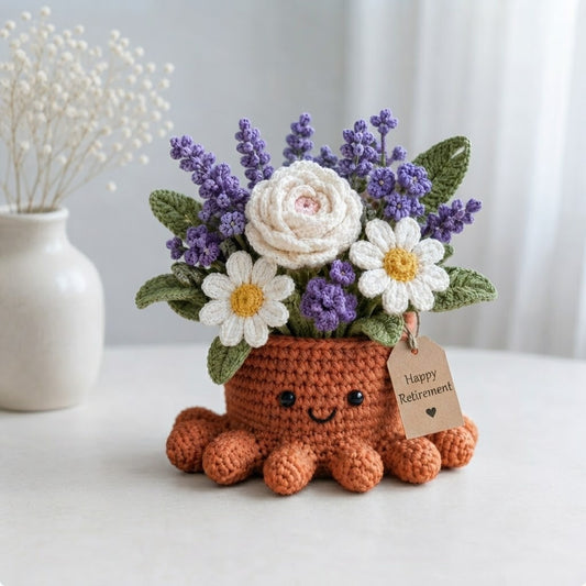 Handmade Crochet Lavender & Rose Octopus Pot | Cute Amigurumi Retirement Gift