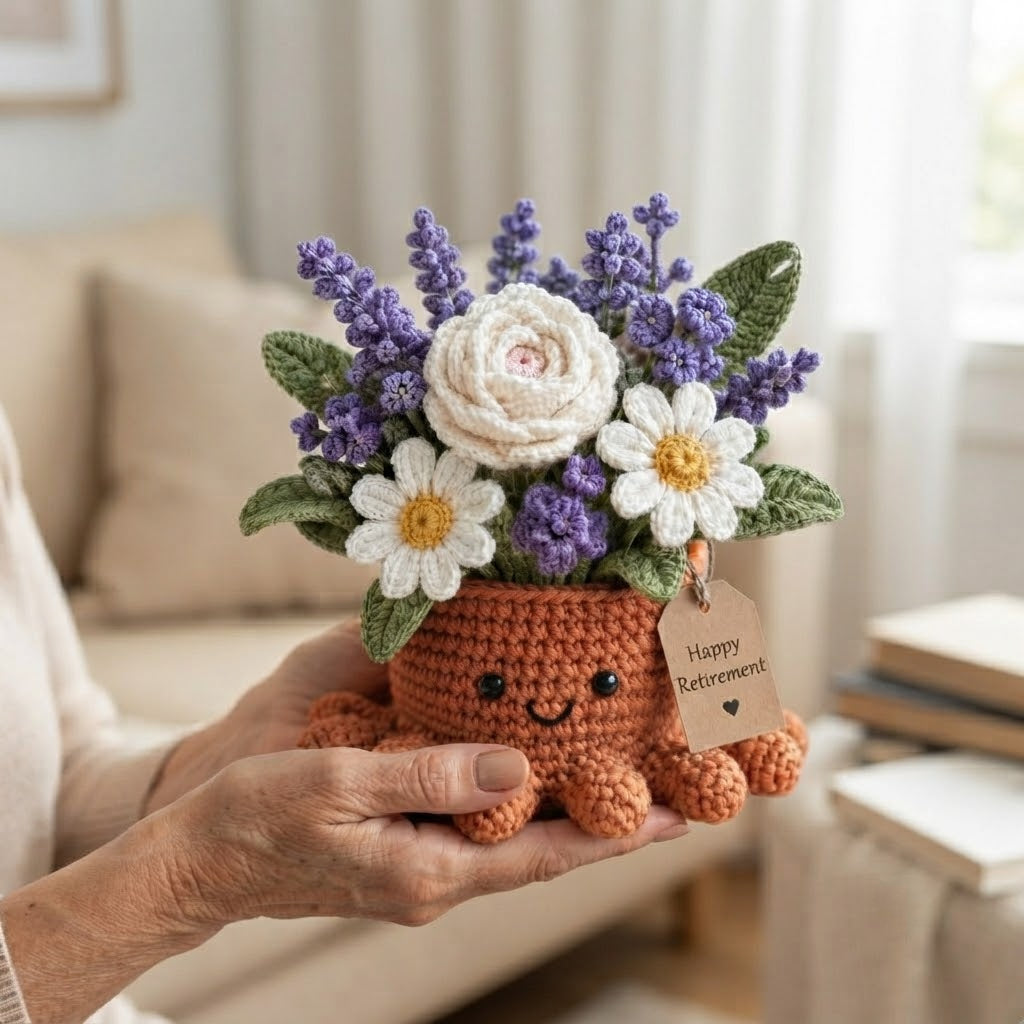 Handmade Crochet Lavender & Rose Octopus Pot | Cute Amigurumi Retirement Gift