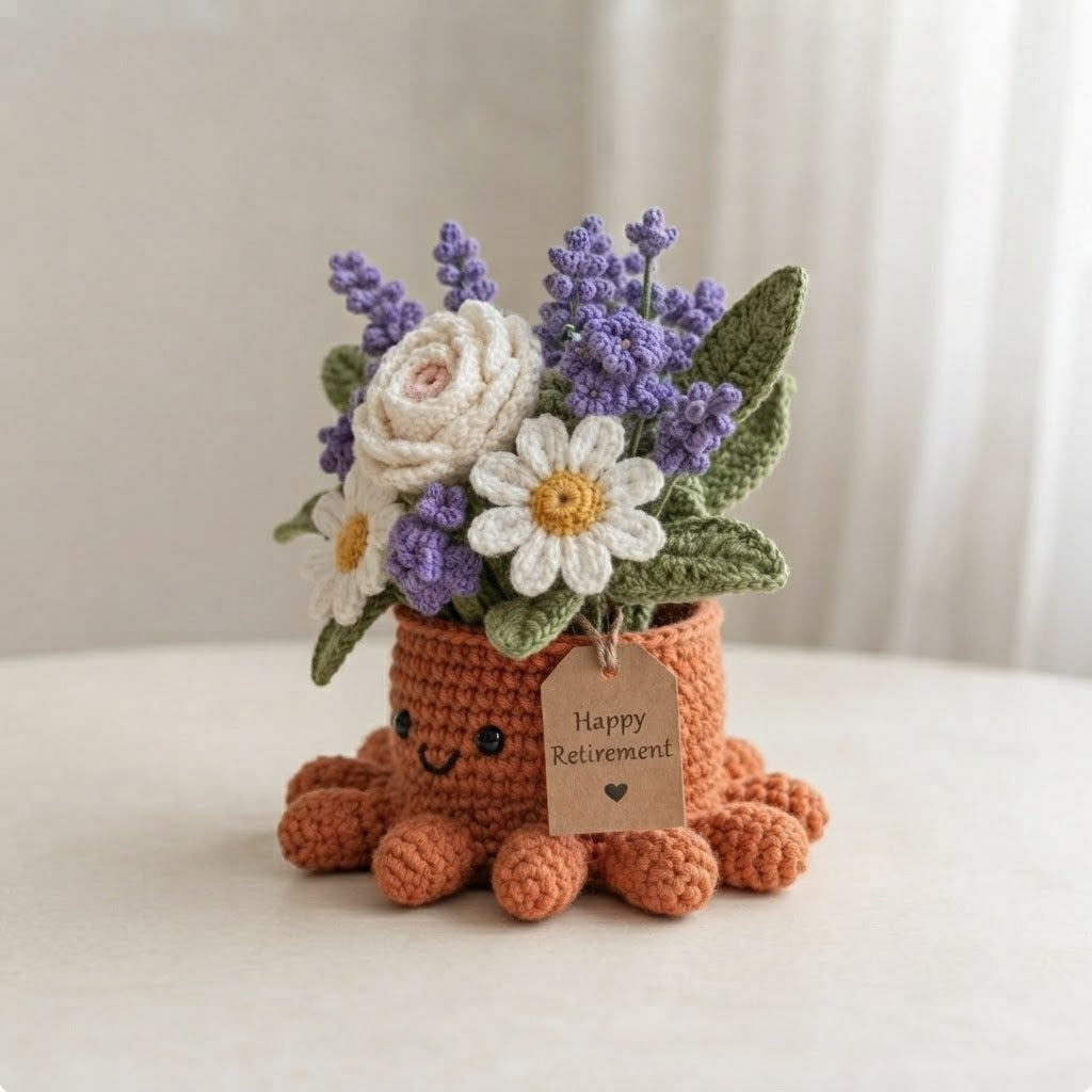Handmade Crochet Lavender & Rose Octopus Pot | Cute Amigurumi Retirement Gift