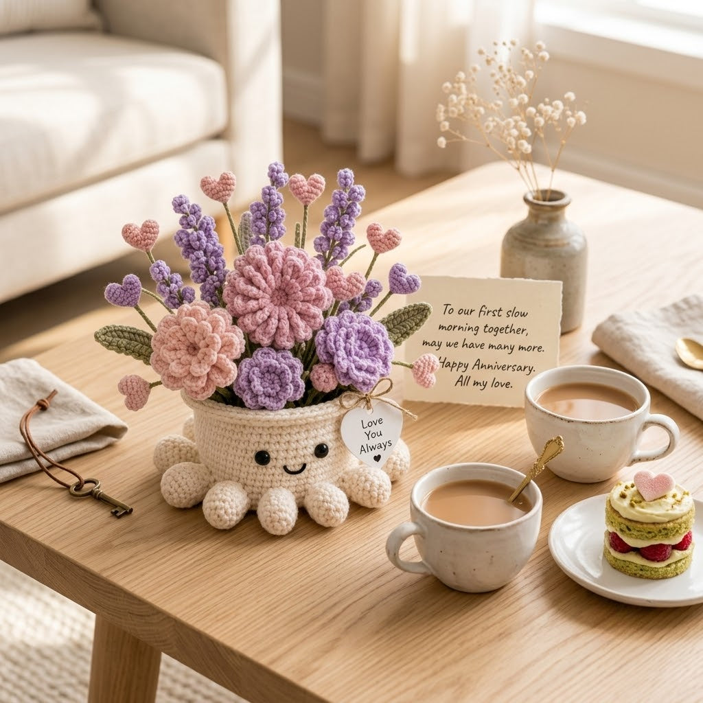 Handmade Crochet Heart & Floral Octopus Pot | Cute Amigurumi Romantic Gift