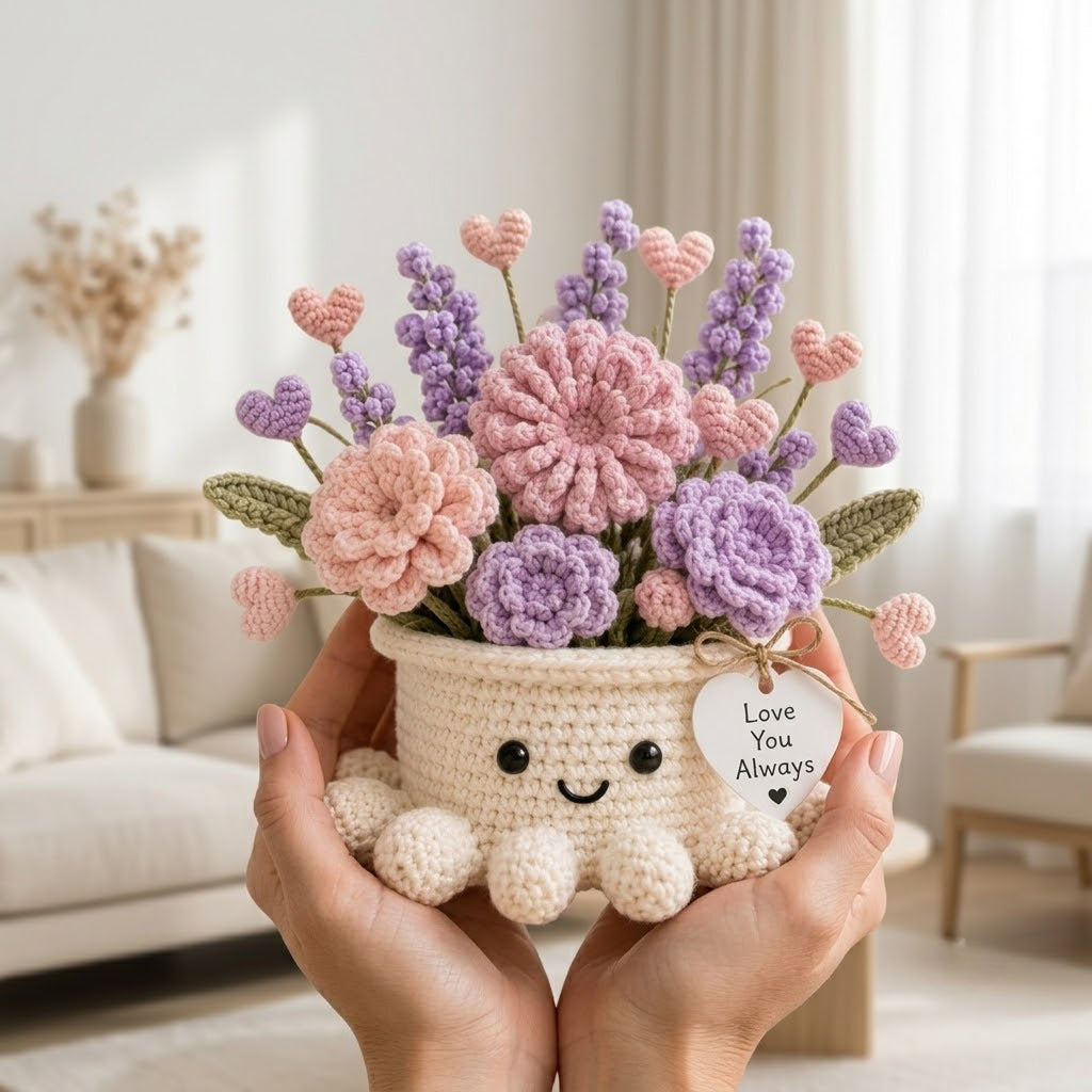 Handmade Crochet Heart & Floral Octopus Pot | Cute Amigurumi Romantic Gift
