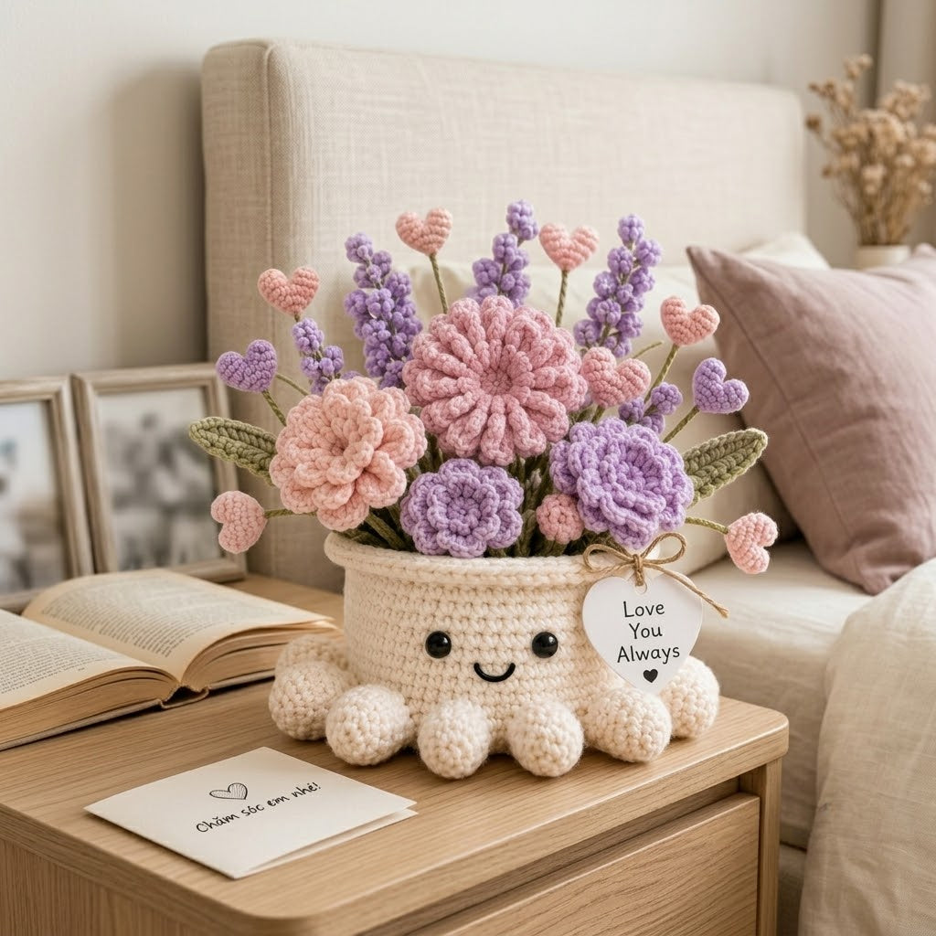 Handmade Crochet Heart & Floral Octopus Pot | Cute Amigurumi Romantic Gift