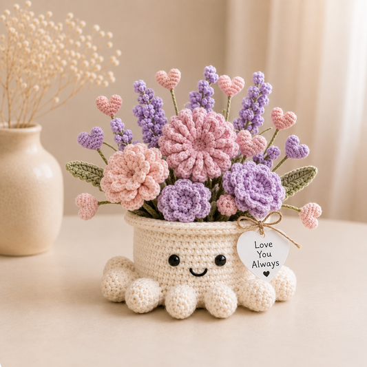 Handmade Crochet Heart & Floral Octopus Pot | Cute Amigurumi Romantic Gift