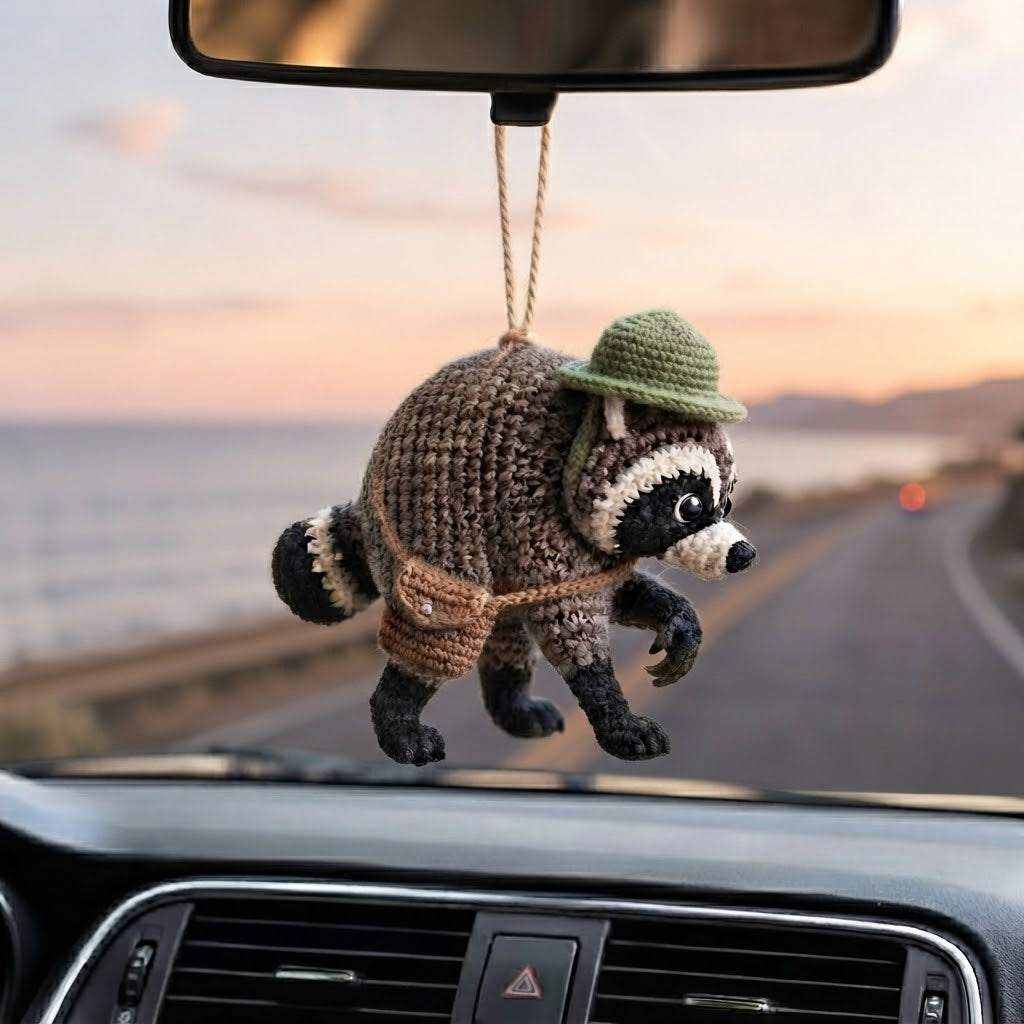 Handmade Crochet Jimothy Raccoon Car Charm – Cute Hanging Raccoon Rear View Mirror Accessory