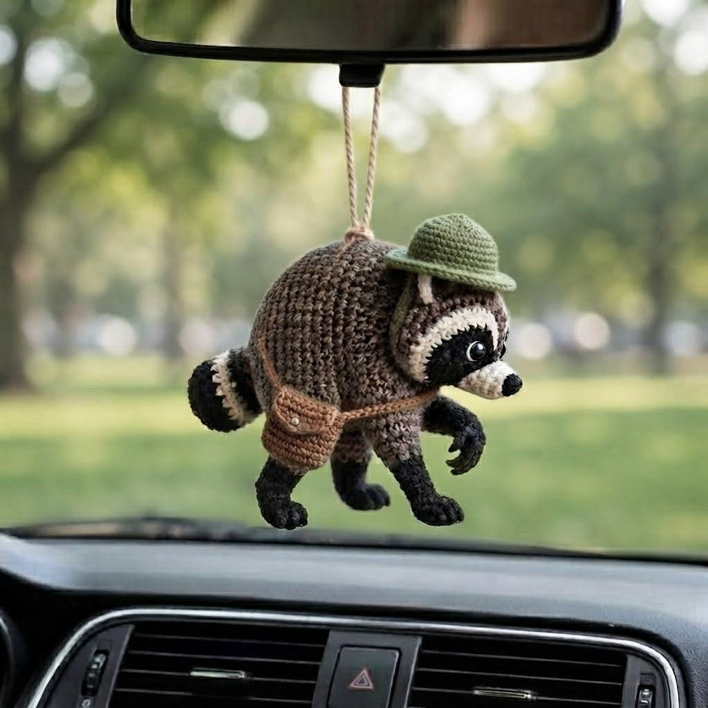 Handmade Crochet Jimothy Raccoon Car Charm – Cute Hanging Raccoon Rear View Mirror Accessory
