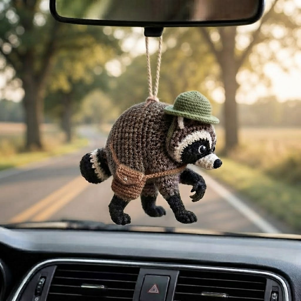 Handmade Crochet Jimothy Raccoon Car Charm – Cute Hanging Raccoon Rear View Mirror Accessory