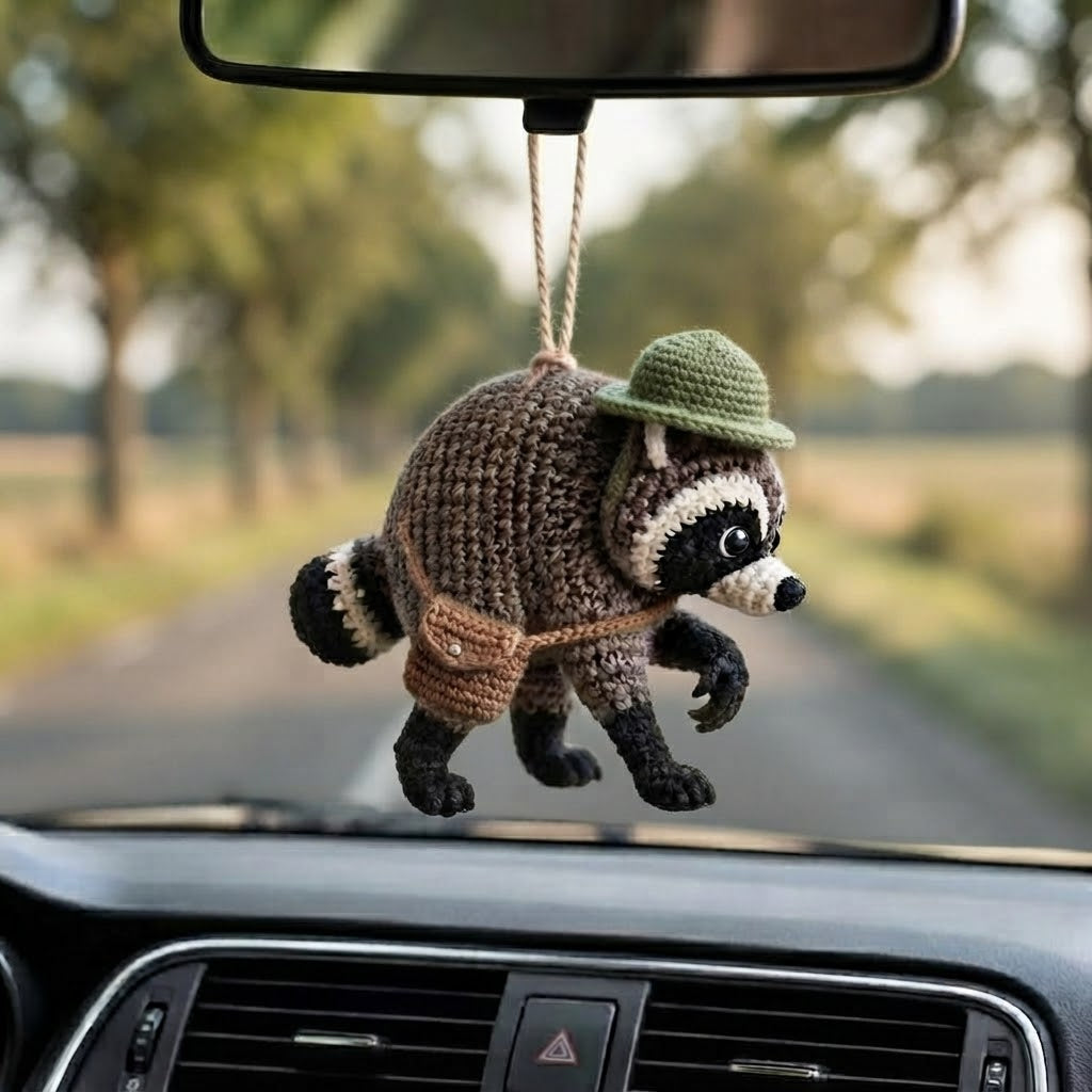 Handmade Crochet Jimothy Raccoon Car Charm – Cute Hanging Raccoon Rear View Mirror Accessory