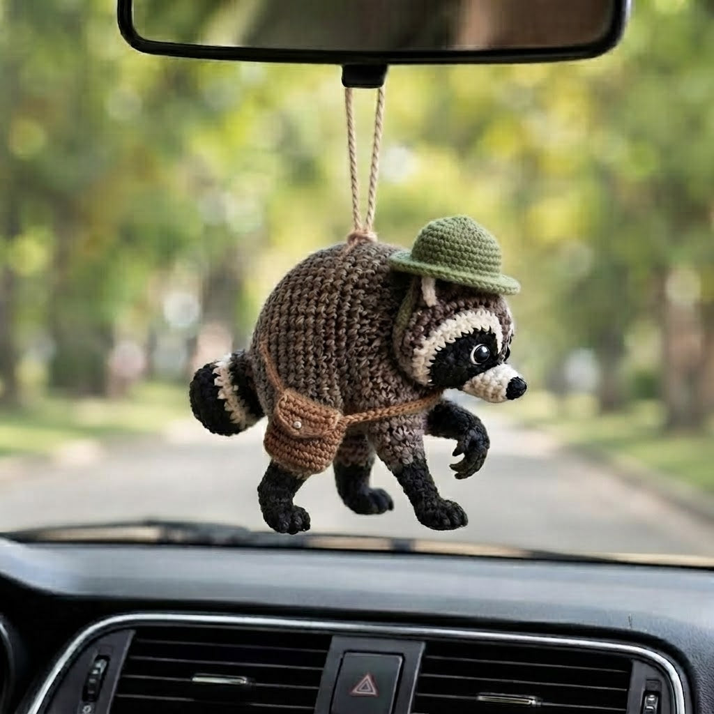 Handmade Crochet Jimothy Raccoon Car Charm – Cute Hanging Raccoon Rear View Mirror Accessory