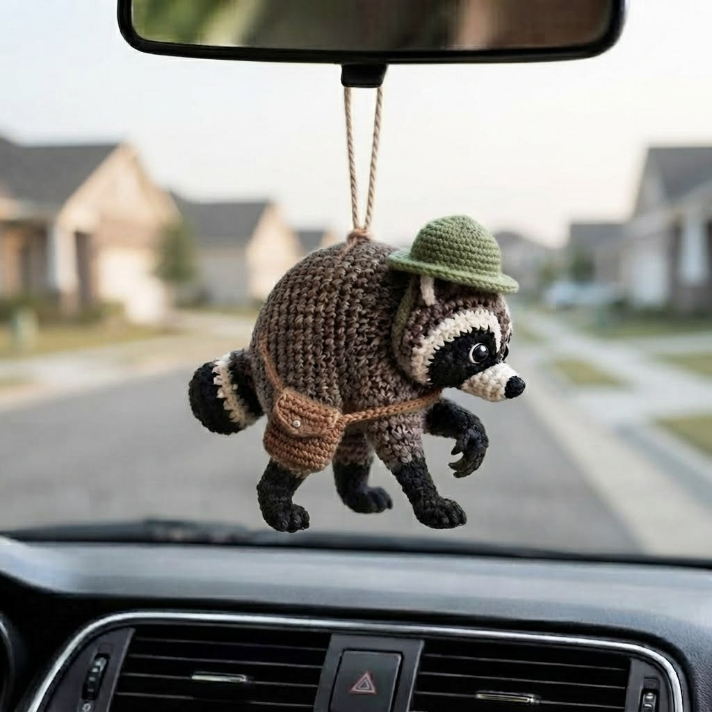Handmade Crochet Jimothy Raccoon Car Charm – Cute Hanging Raccoon Rear View Mirror Accessory