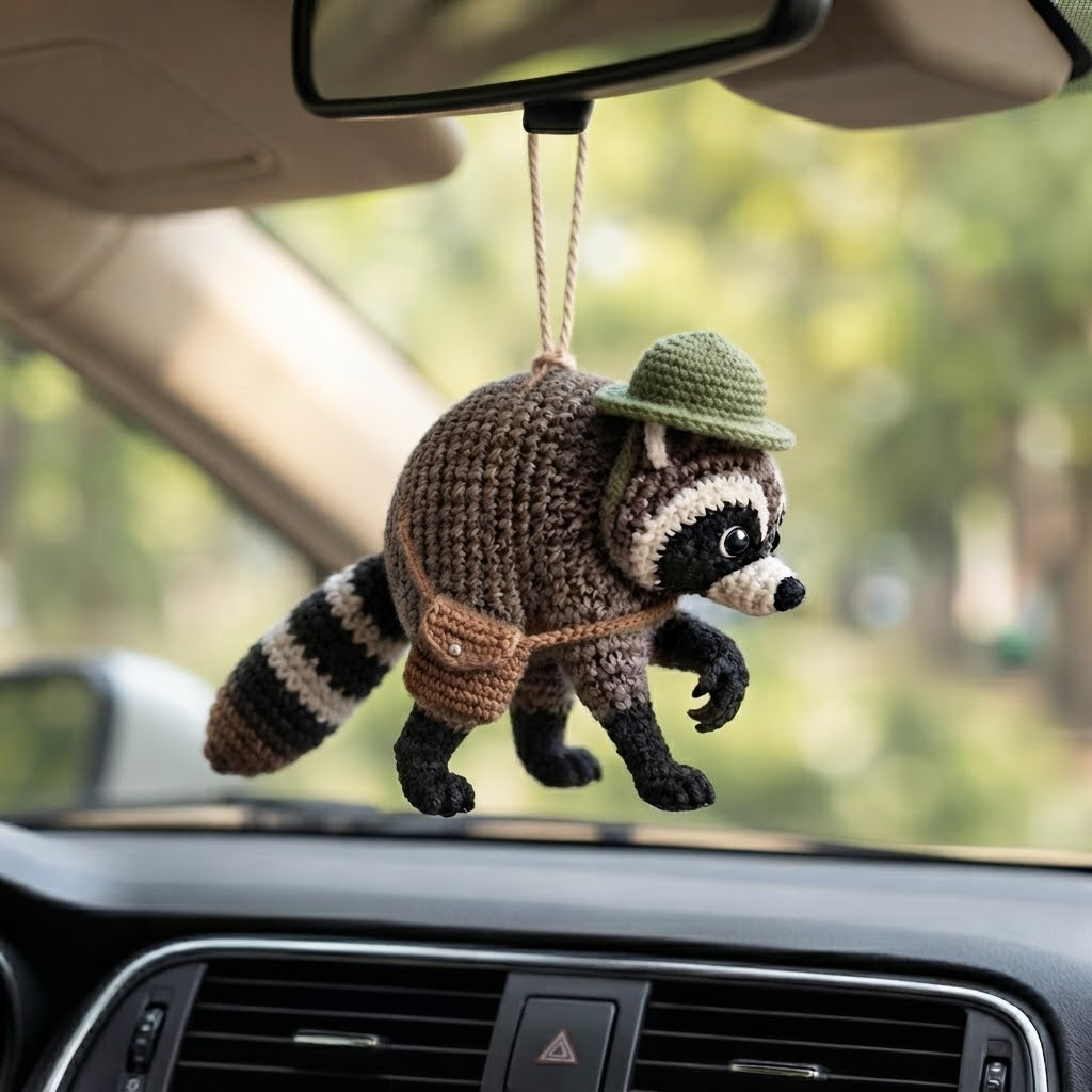 Handmade Crochet Jimothy Raccoon Car Charm – Cute Hanging Raccoon Rear View Mirror Accessory
