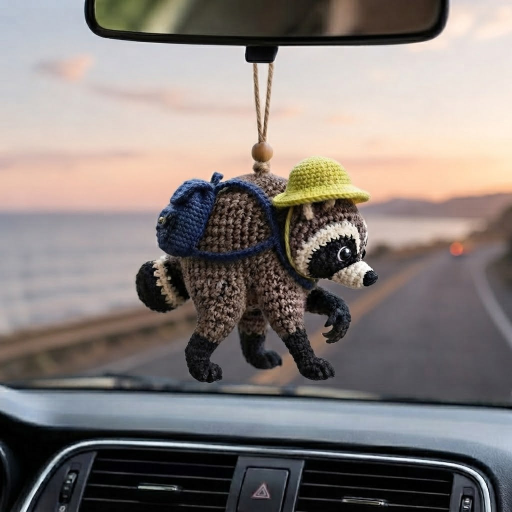 Jimothy Raccoon Crochet Car Charm – Handmade Hanging Raccoon Rear View Mirror Accessory