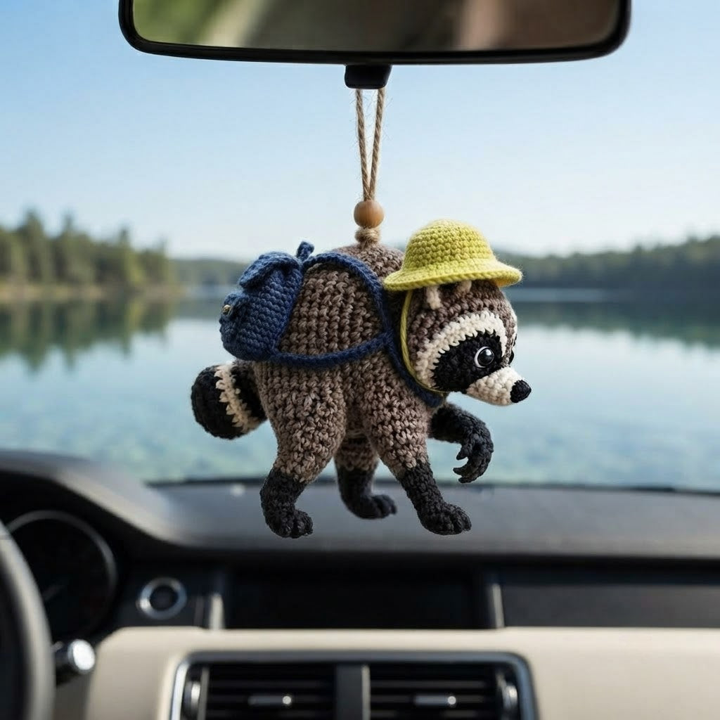 Jimothy Raccoon Crochet Car Charm – Handmade Hanging Raccoon Rear View Mirror Accessory