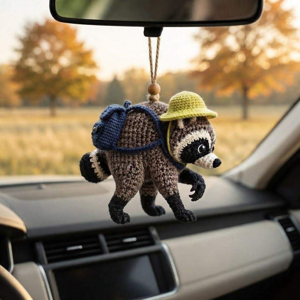Jimothy Raccoon Crochet Car Charm – Handmade Hanging Raccoon Rear View Mirror Accessory