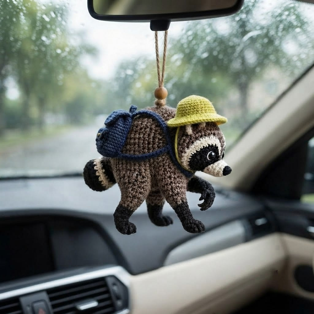 Jimothy Raccoon Crochet Car Charm – Handmade Hanging Raccoon Rear View Mirror Accessory