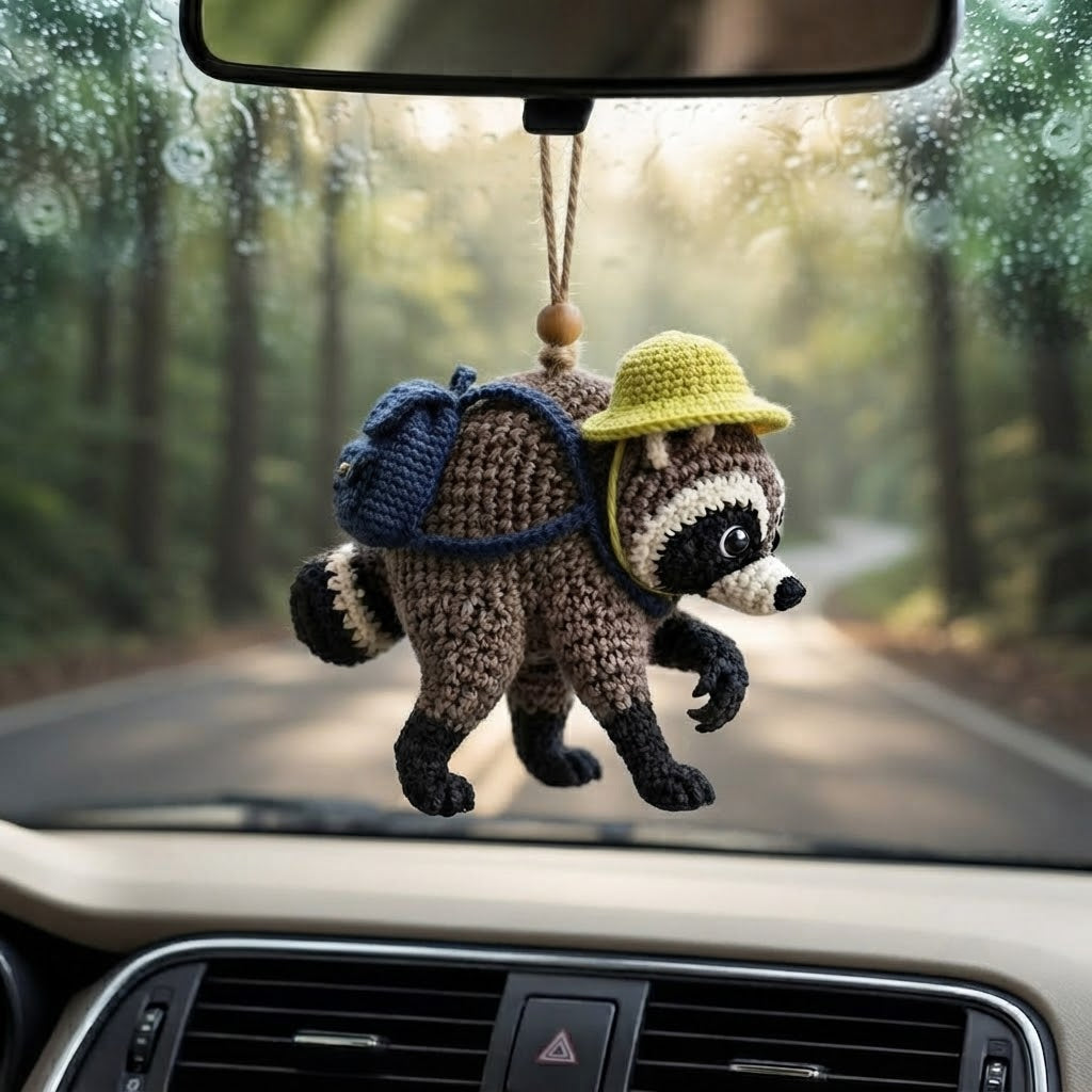 Jimothy Raccoon Crochet Car Charm – Handmade Hanging Raccoon Rear View Mirror Accessory