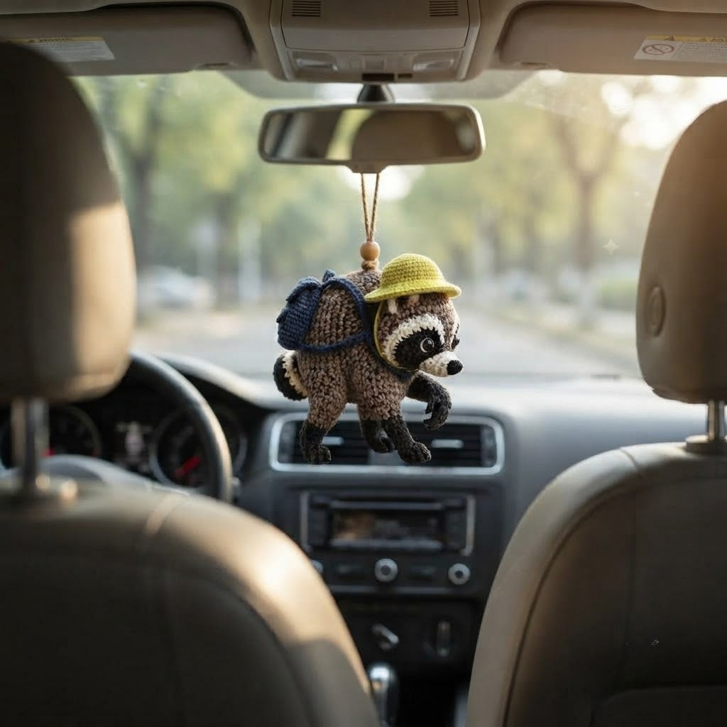 Jimothy Raccoon Crochet Car Charm – Handmade Hanging Raccoon Rear View Mirror Accessory