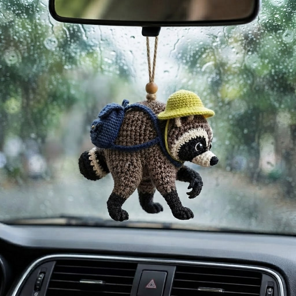 Jimothy Raccoon Crochet Car Charm – Handmade Hanging Raccoon Rear View Mirror Accessory
