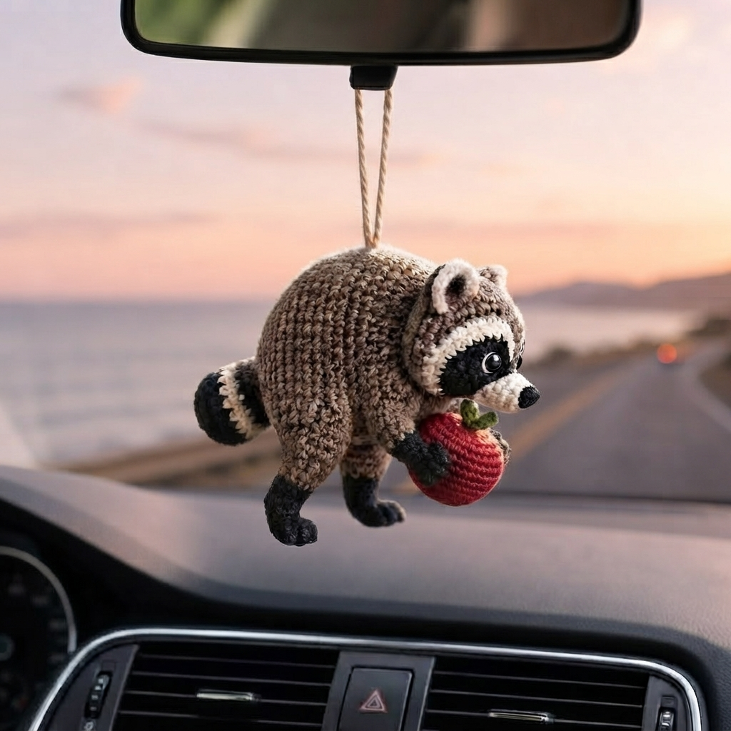 Jimothy Raccoon Crochet Car Charm – Handmade Apple Raccoon Rear View Mirror Accessory