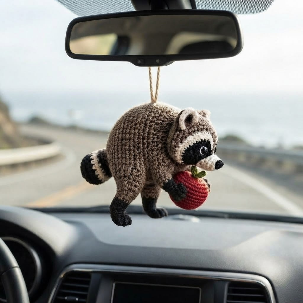 Jimothy Raccoon Crochet Car Charm – Handmade Apple Raccoon Rear View Mirror Accessory