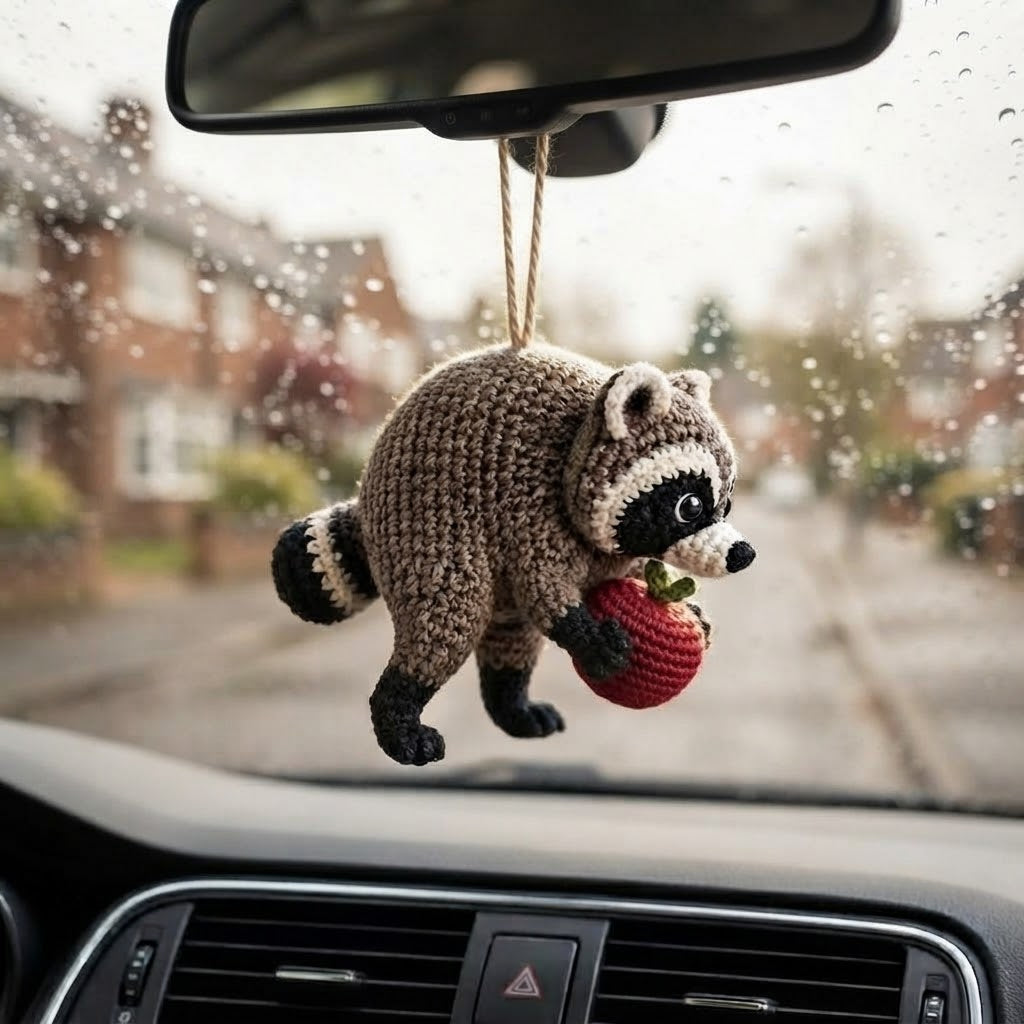 Jimothy Raccoon Crochet Car Charm – Handmade Apple Raccoon Rear View Mirror Accessory