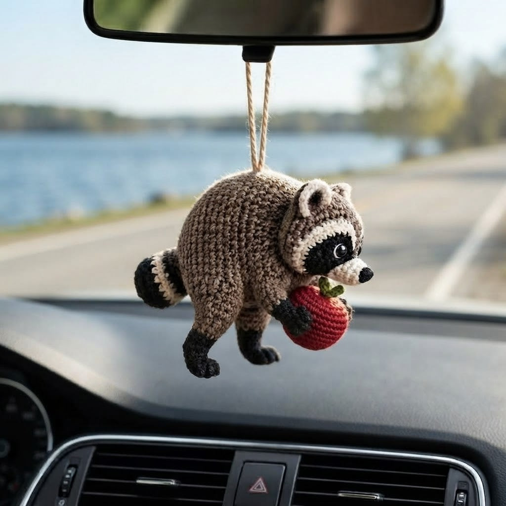 Jimothy Raccoon Crochet Car Charm – Handmade Apple Raccoon Rear View Mirror Accessory