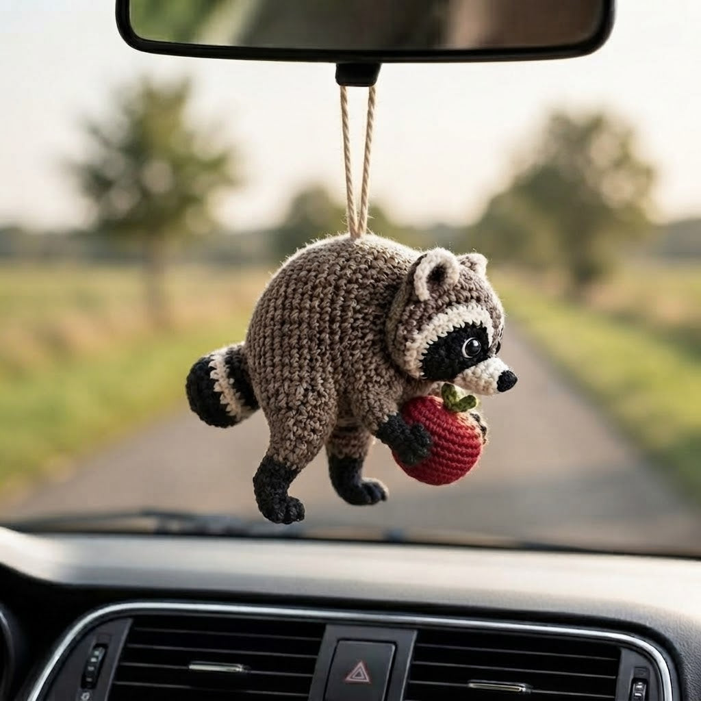 Jimothy Raccoon Crochet Car Charm – Handmade Apple Raccoon Rear View Mirror Accessory