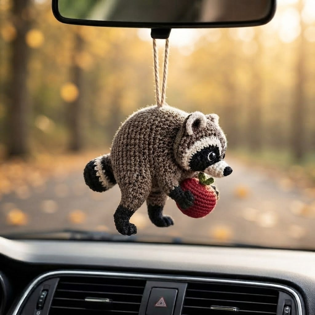 Jimothy Raccoon Crochet Car Charm – Handmade Apple Raccoon Rear View Mirror Accessory