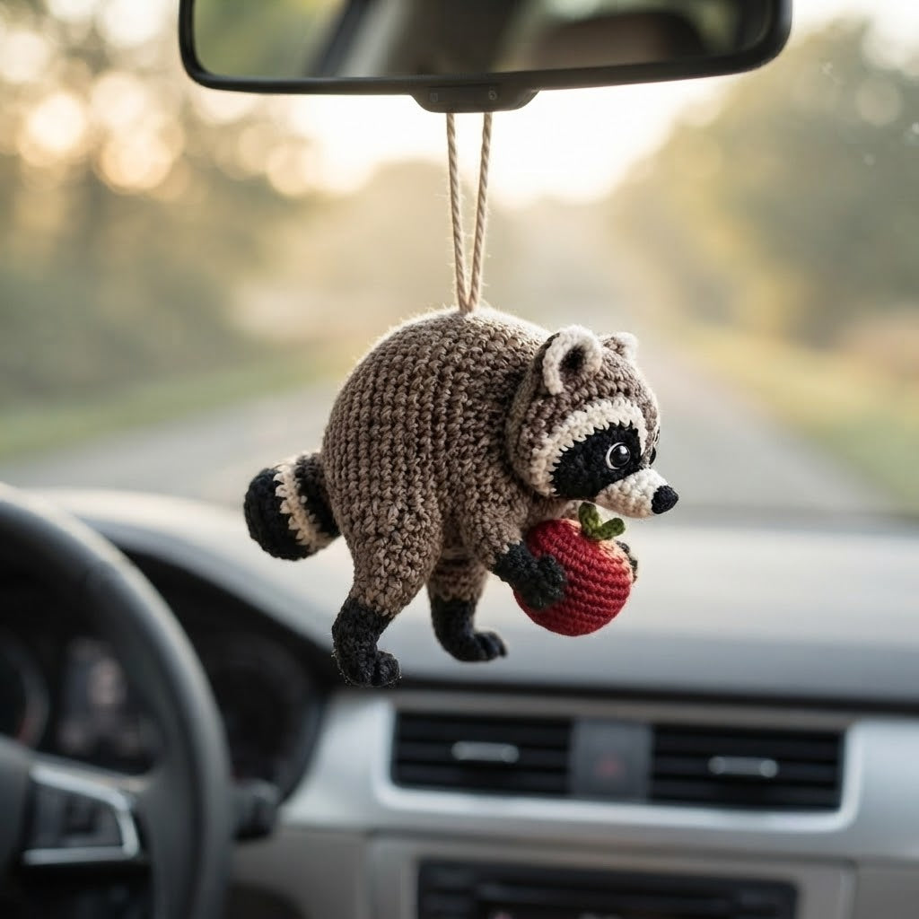 Jimothy Raccoon Crochet Car Charm – Handmade Apple Raccoon Rear View Mirror Accessory