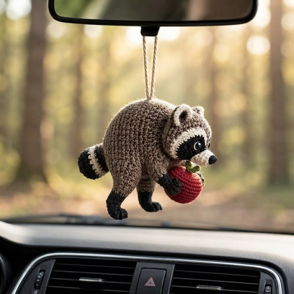 Jimothy Raccoon Crochet Car Charm – Handmade Apple Raccoon Rear View Mirror Accessory