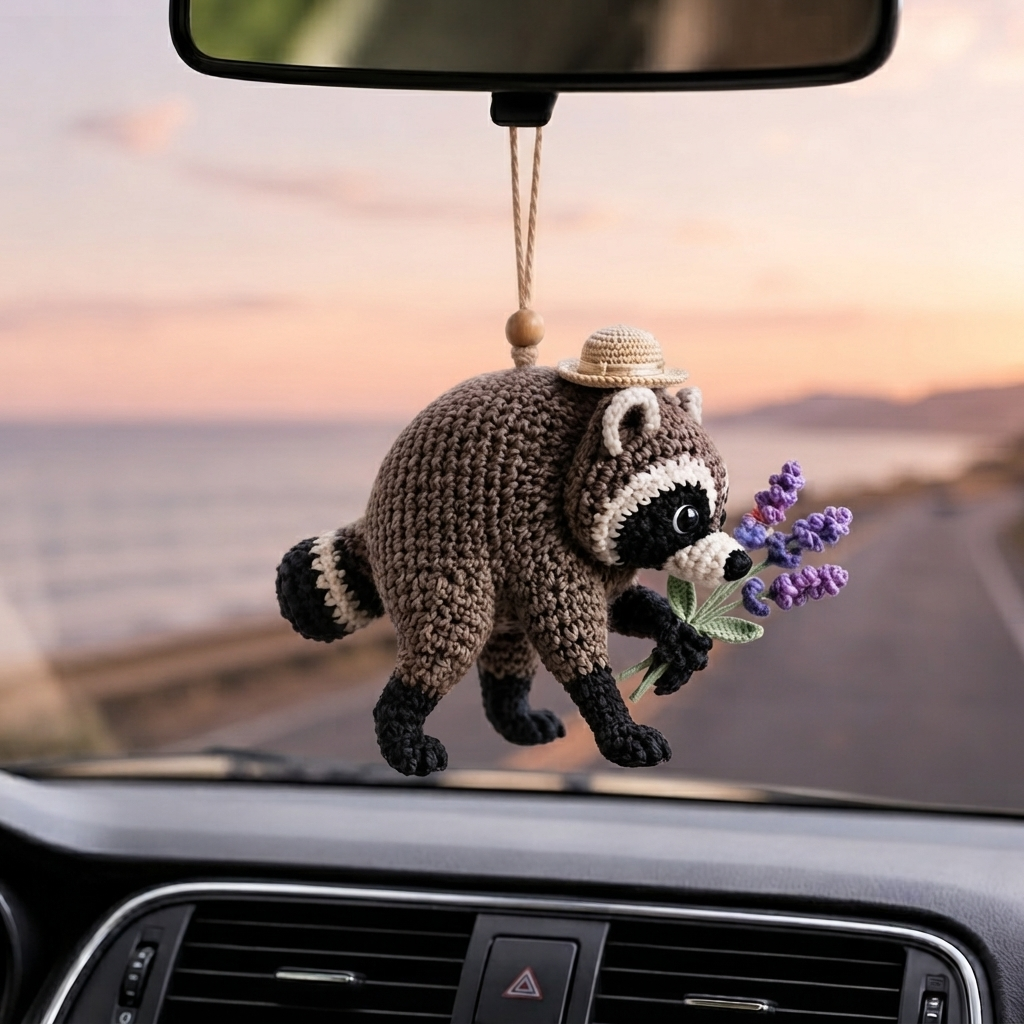 Jimothy Raccoon Crochet Car Charm – Handmade Lavender Raccoon Rear View Mirror Accessory