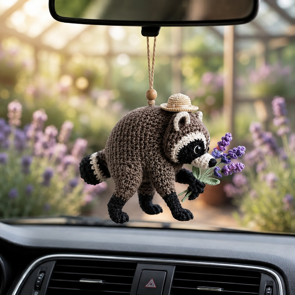 Jimothy Raccoon Crochet Car Charm – Handmade Lavender Raccoon Rear View Mirror Accessory