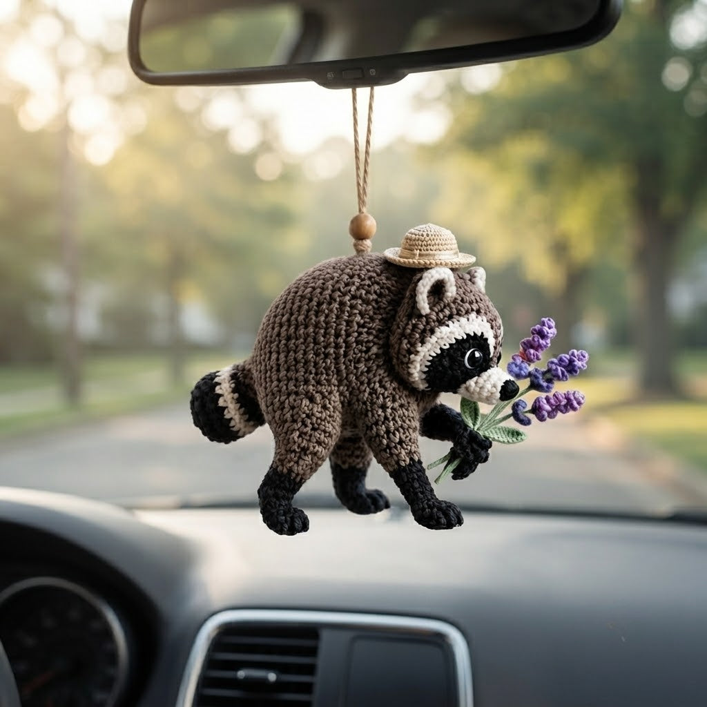 Jimothy Raccoon Crochet Car Charm – Handmade Lavender Raccoon Rear View Mirror Accessory