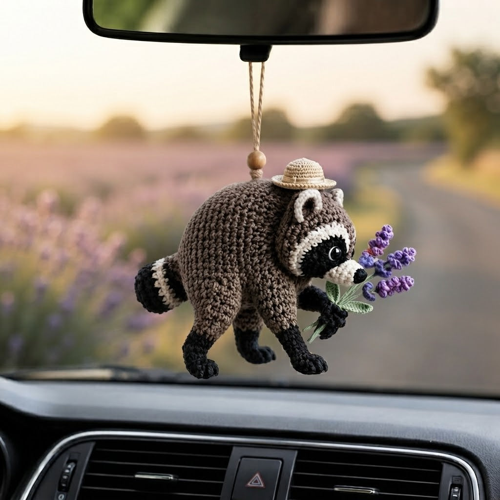 Jimothy Raccoon Crochet Car Charm – Handmade Lavender Raccoon Rear View Mirror Accessory