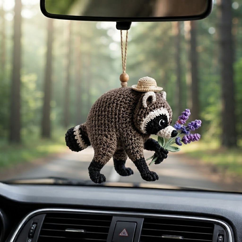 Jimothy Raccoon Crochet Car Charm – Handmade Lavender Raccoon Rear View Mirror Accessory