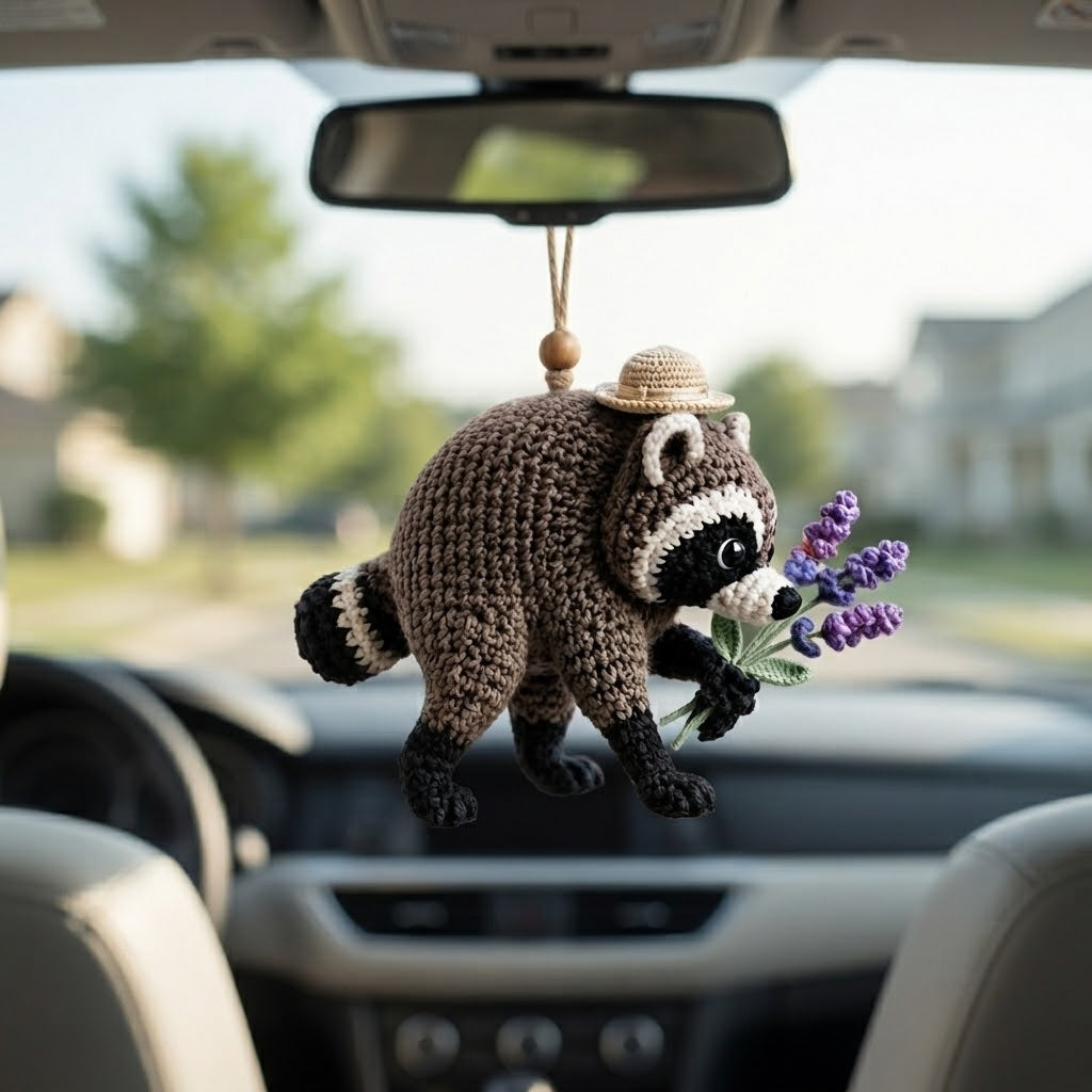 Jimothy Raccoon Crochet Car Charm – Handmade Lavender Raccoon Rear View Mirror Accessory