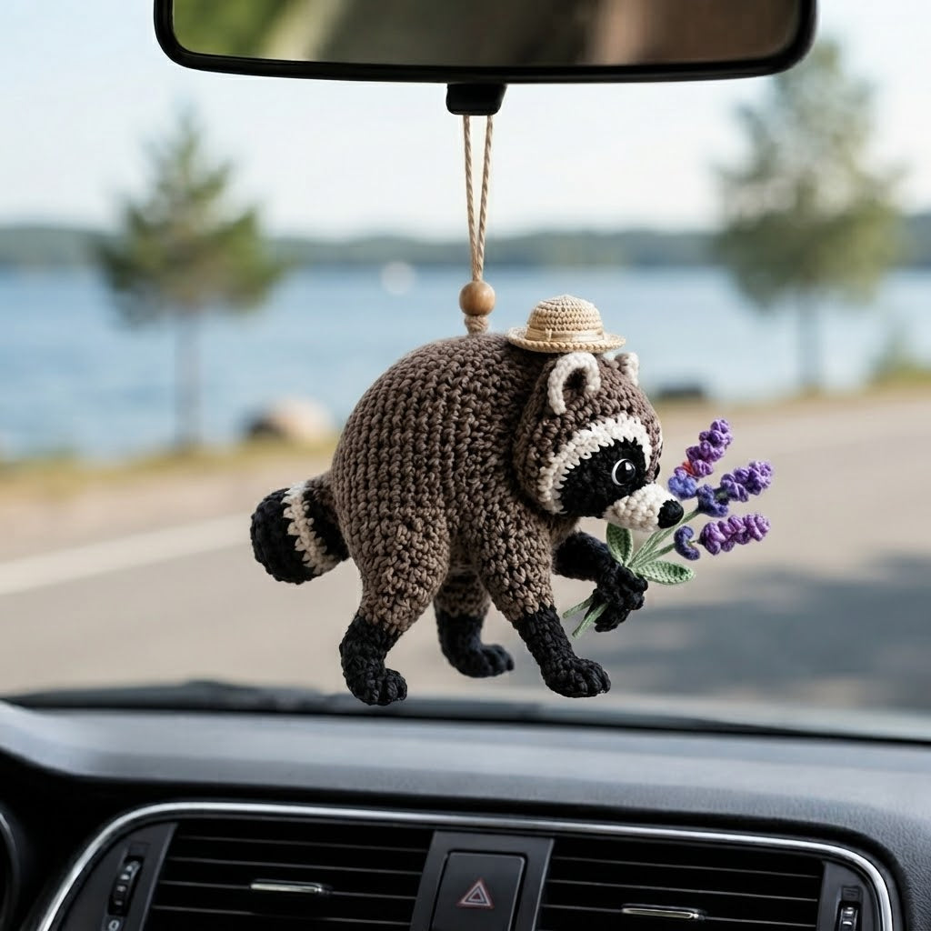 Jimothy Raccoon Crochet Car Charm – Handmade Lavender Raccoon Rear View Mirror Accessory