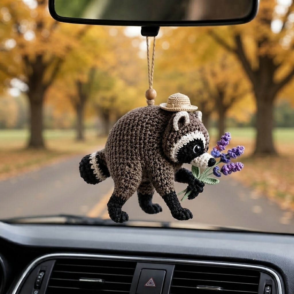 Jimothy Raccoon Crochet Car Charm – Handmade Lavender Raccoon Rear View Mirror Accessory