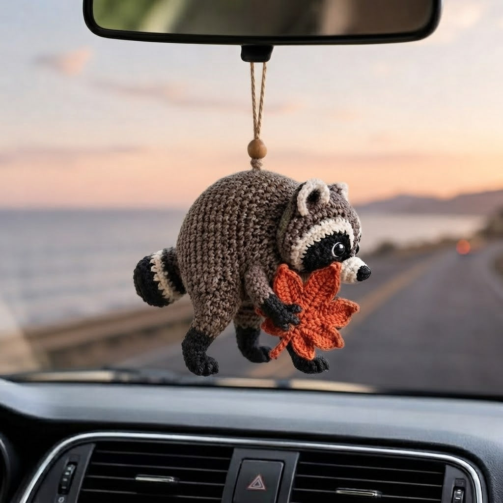 Jimothy Raccoon Crochet Car Charm – Handmade Autumn Leaf Raccoon Rear View Mirror Accessory