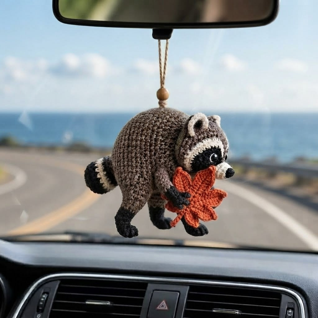 Jimothy Raccoon Crochet Car Charm – Handmade Autumn Leaf Raccoon Rear View Mirror Accessory