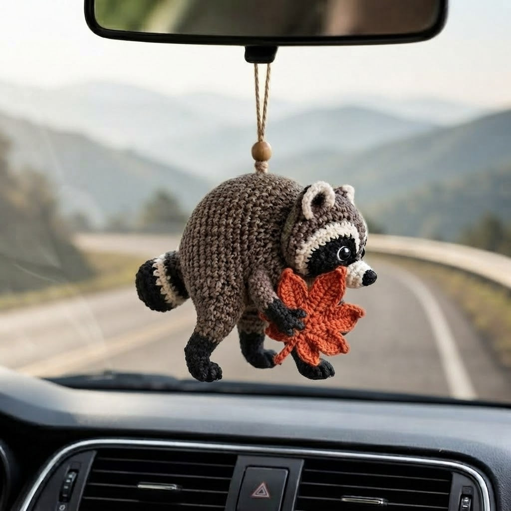 Jimothy Raccoon Crochet Car Charm – Handmade Autumn Leaf Raccoon Rear View Mirror Accessory