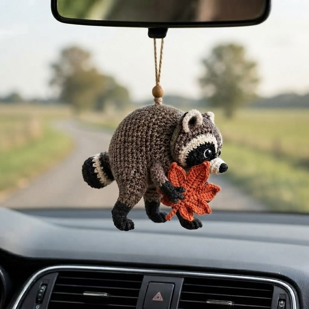 Jimothy Raccoon Crochet Car Charm – Handmade Autumn Leaf Raccoon Rear View Mirror Accessory